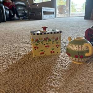 Mary Engelbreit Ceramic Cherry Tea Box Canister with Lid